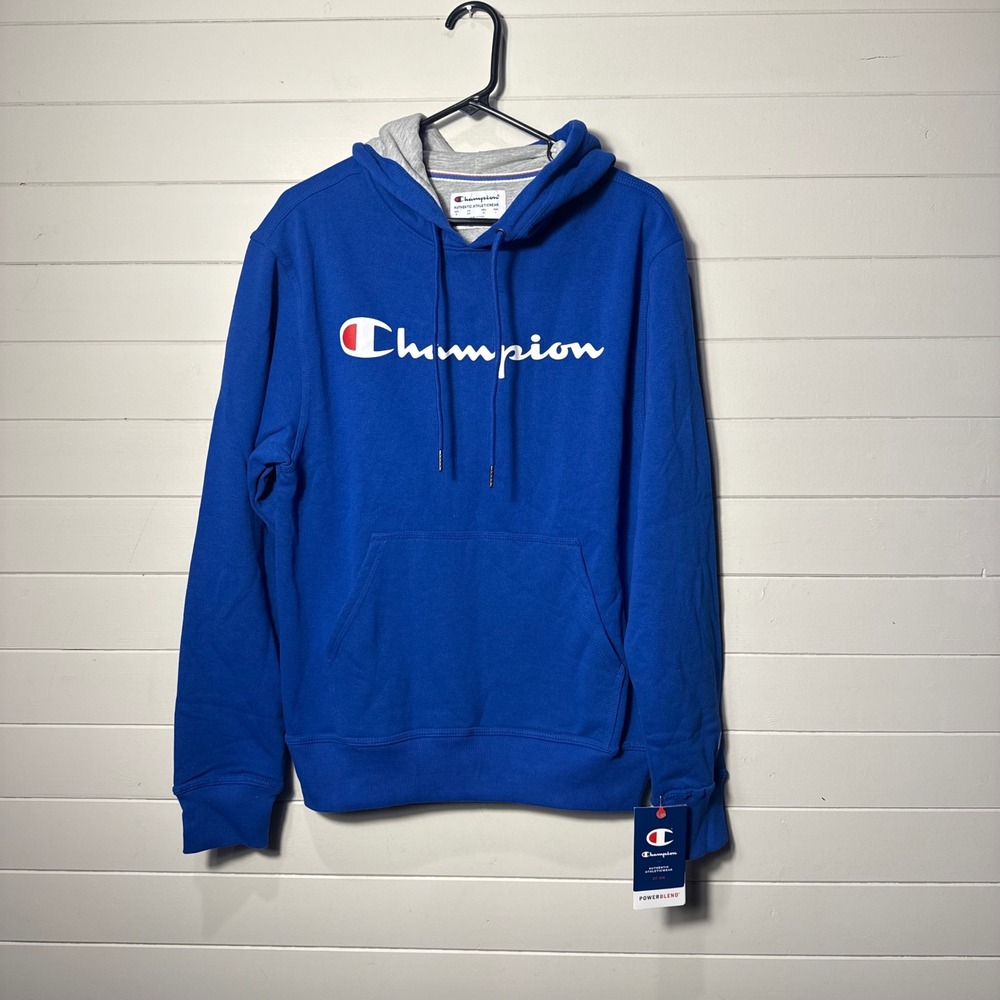 Champion‎ Powerblend Mens Hoodie Small Blue Cotton Blend Script Logo GF89H